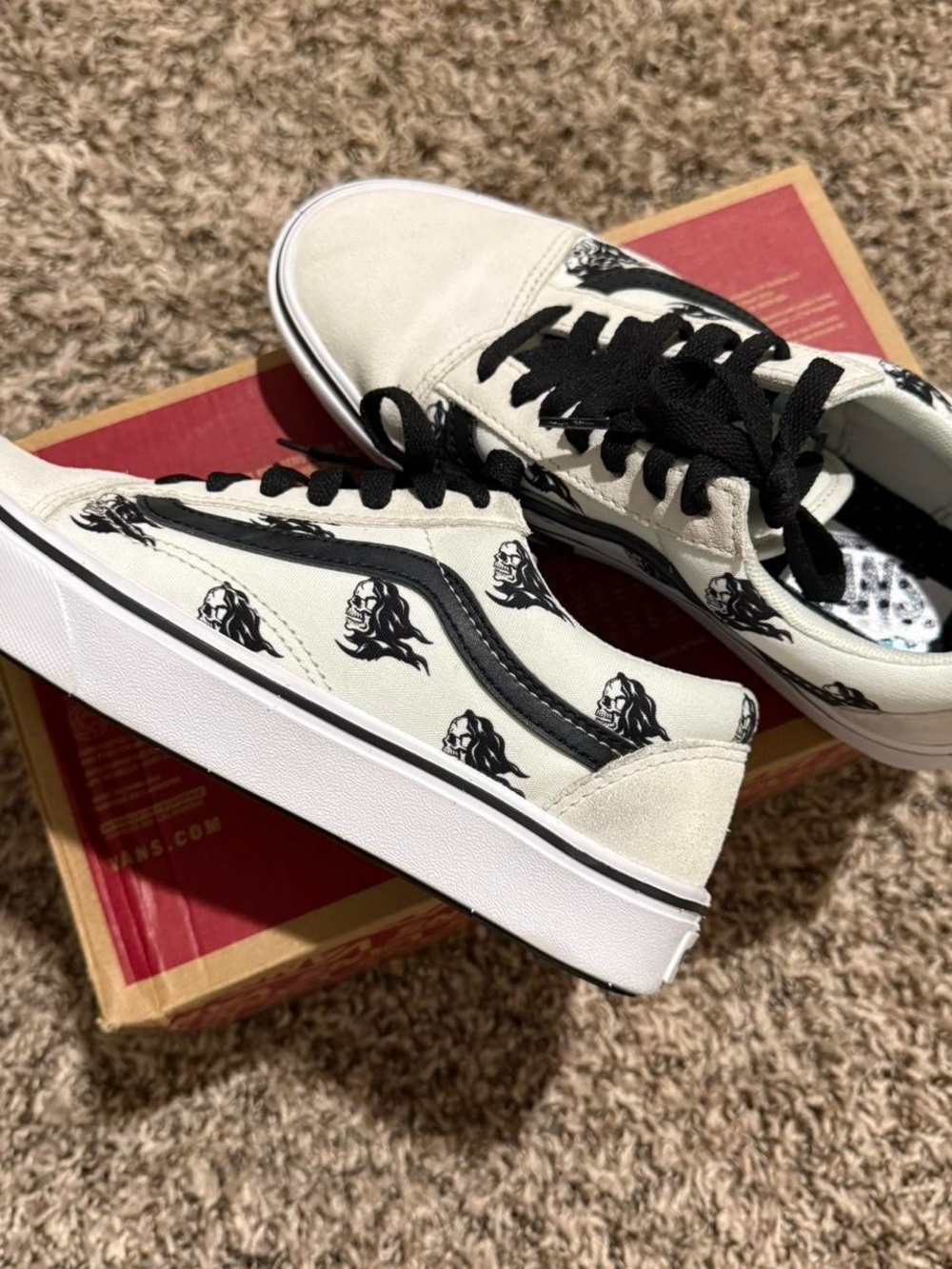 Vans Cream and Black Low Top Sneakers with grim reaper Graphic